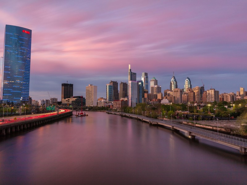 philadelphia sunset skyline with river